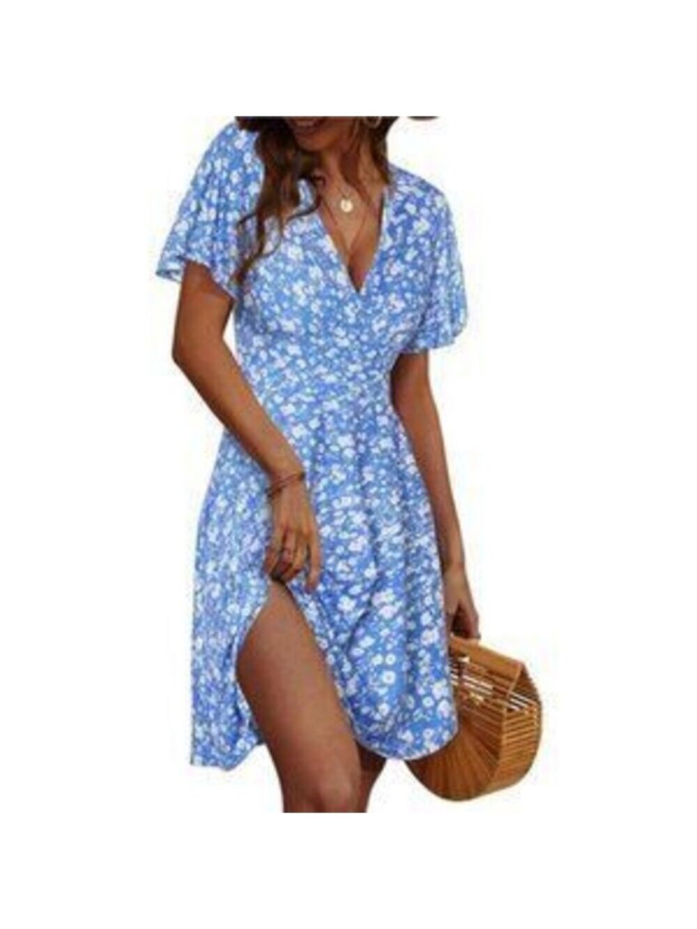 Women's Sundress Summer Floral Short Sleeve Wrap V Neck A-Line Midi Dress, Blue
